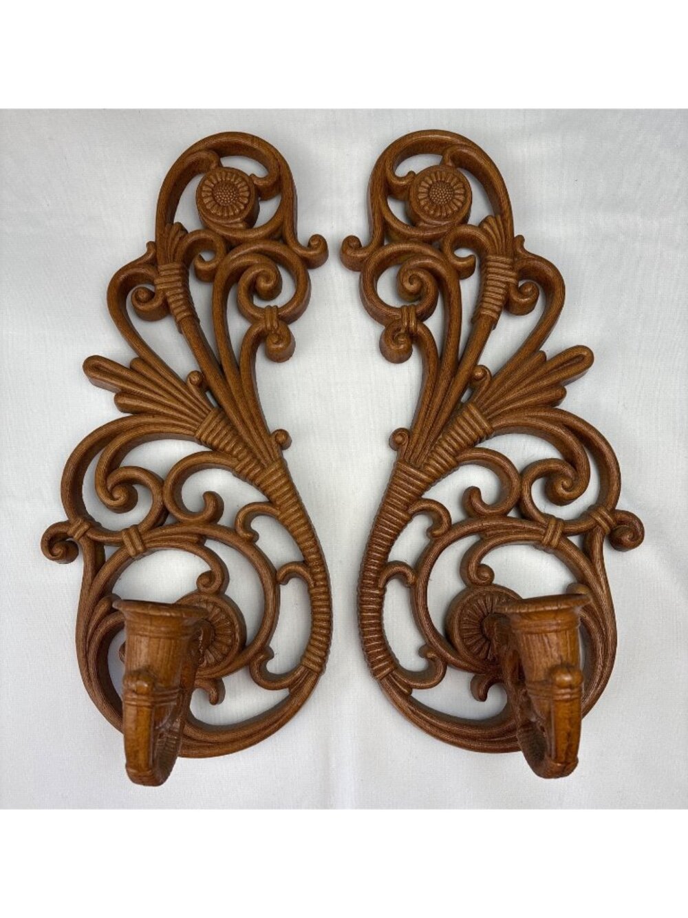 Syroco Pair Wall Sconces Candle Holders Ornate Scroll Design 16" Resin Vtg